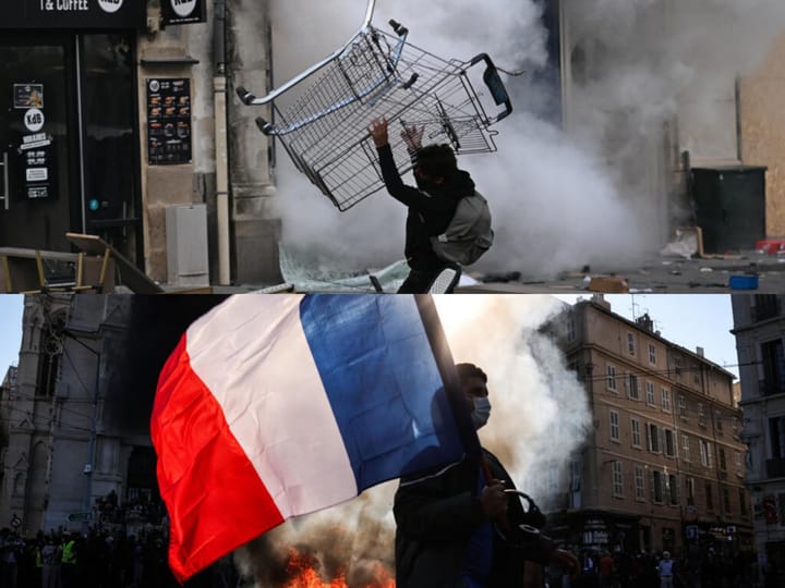 A protester throws a shopping trolley through tear gas smoke, and a masked protester waves a French flag in front of a fire.